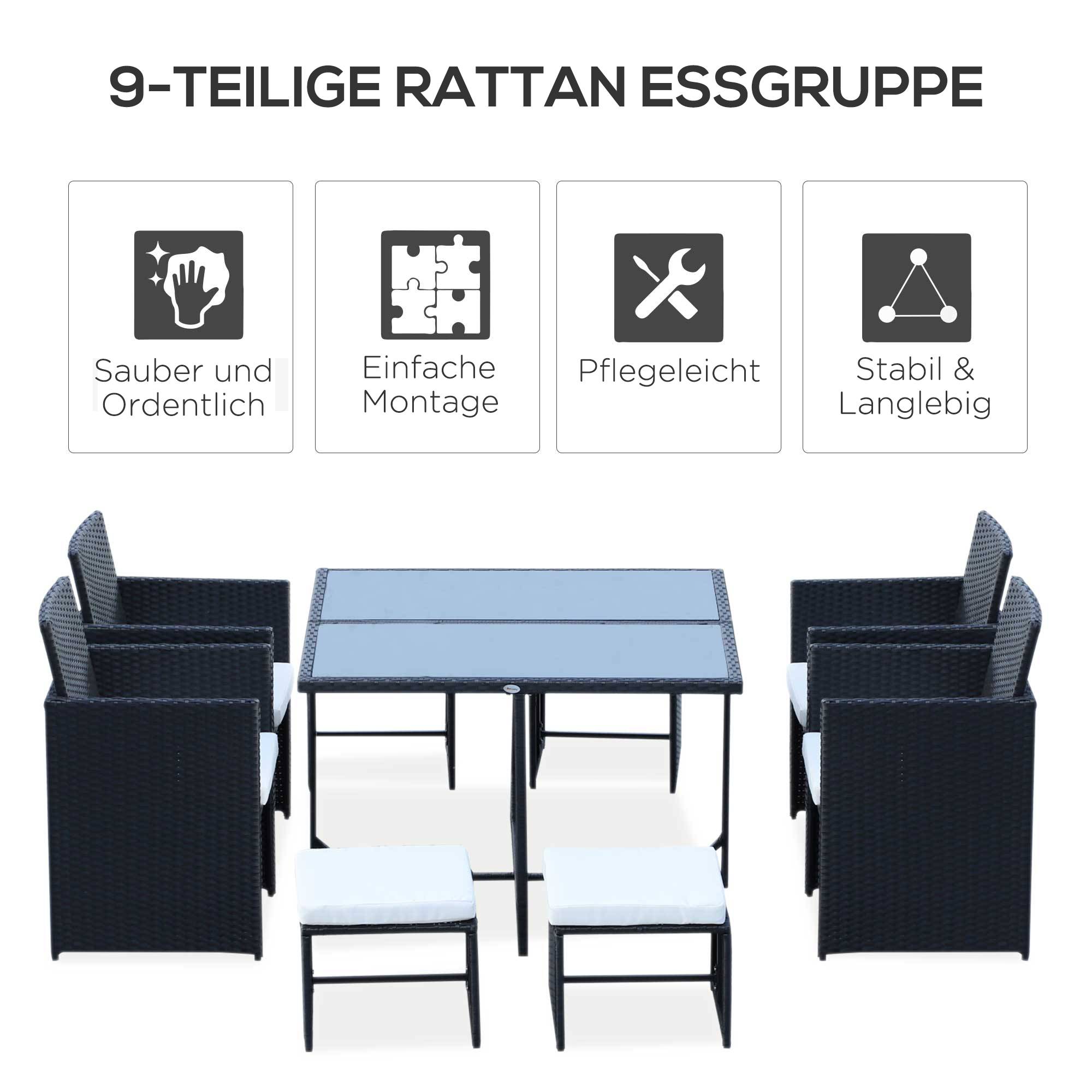 ComfortXL - Salon de jardin 8 places en résine tressée noir et blanc avec table chaises et tabourets gain de place - Image 4