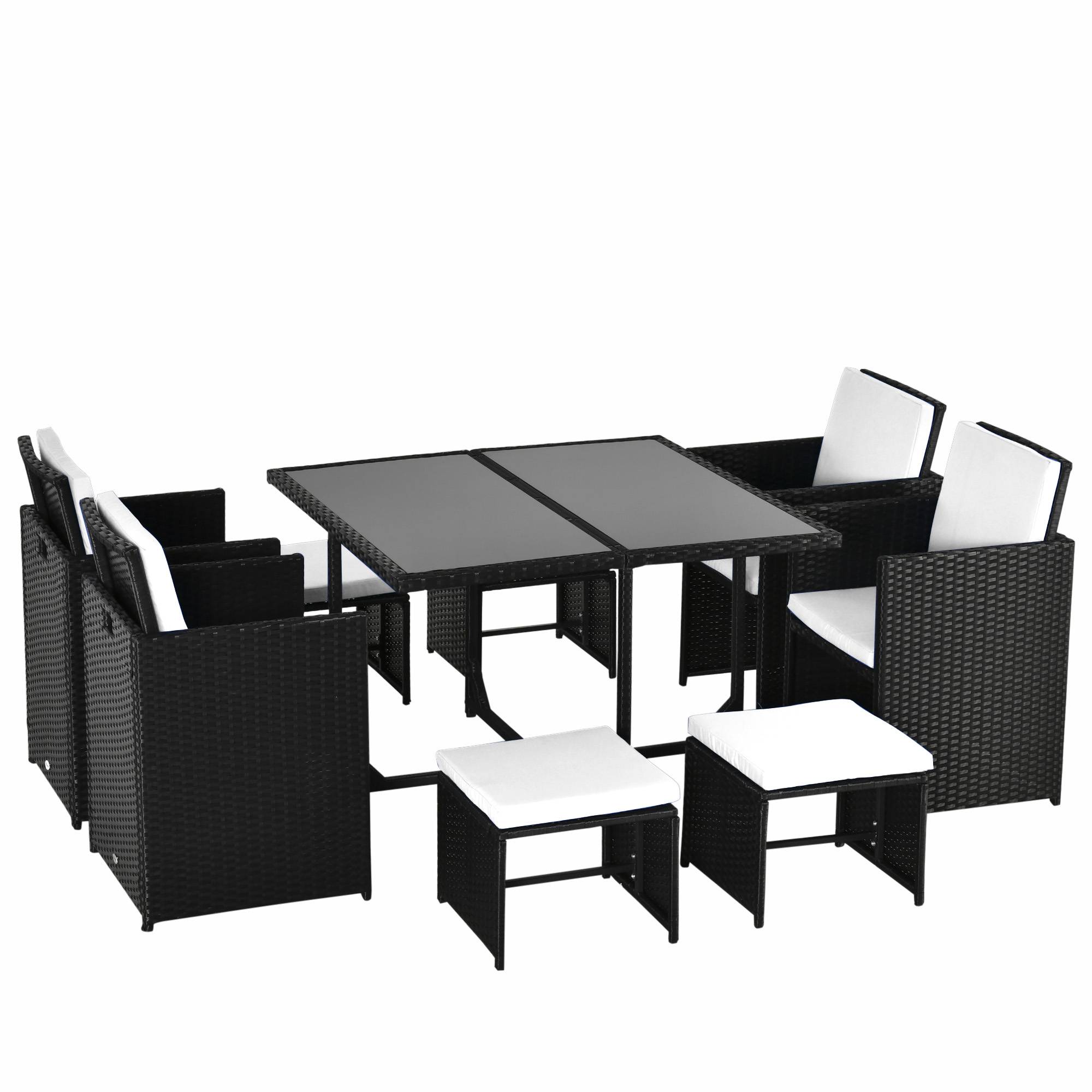 ComfortXL - Salon de jardin 8 places en résine tressée noir et blanc avec table chaises et tabourets gain de place - Image 2