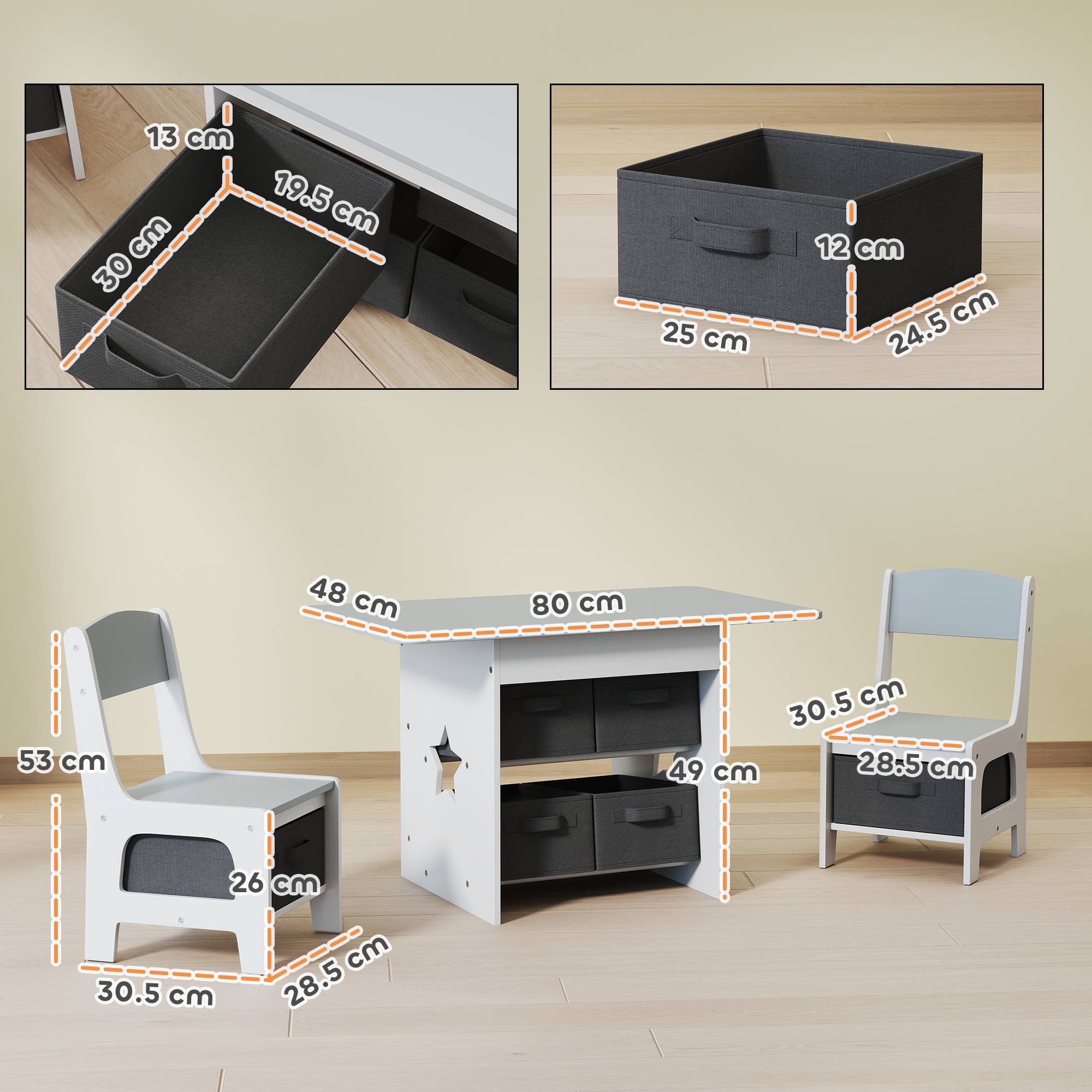Ensemble table et chaises enfant 3-8 ans 6 tiroirs bords arrondis bois tissu, gris et blanc - Image 5