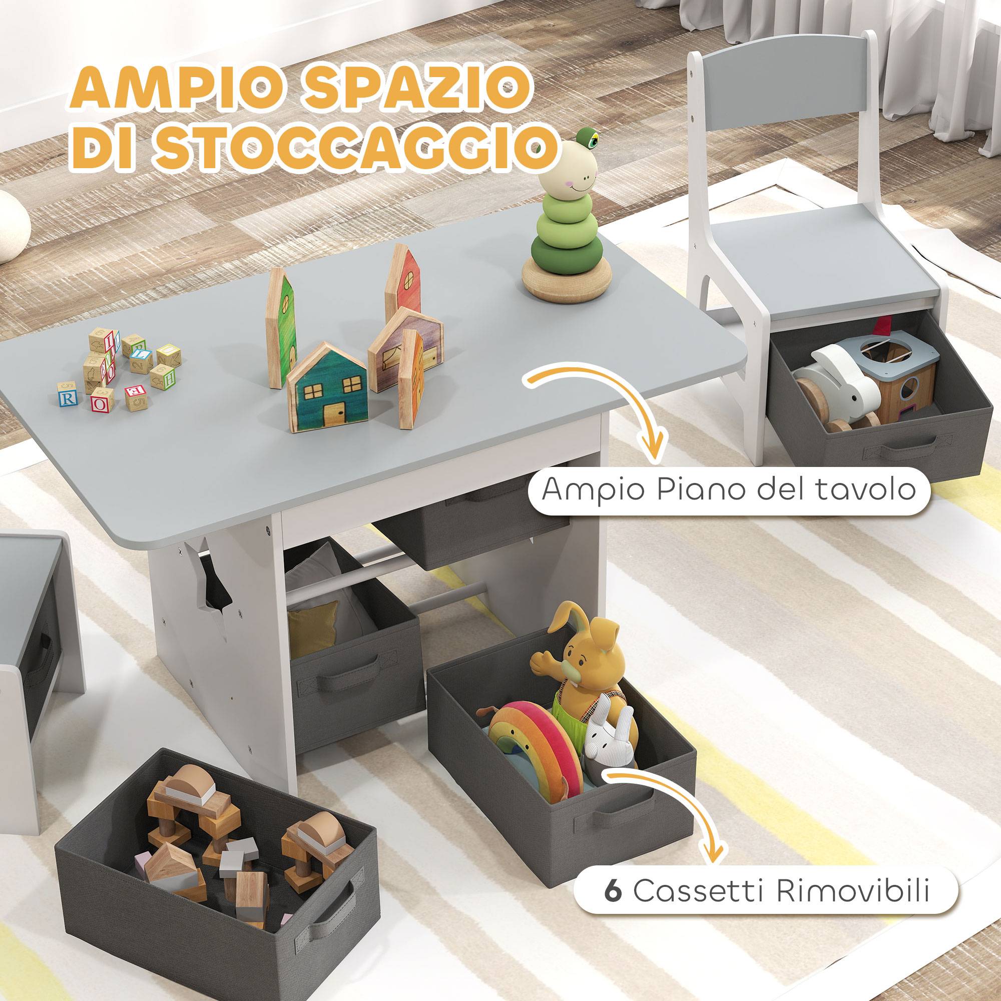 Ensemble table et chaises enfant 3-8 ans 6 tiroirs bords arrondis bois tissu, gris et blanc - Image 7