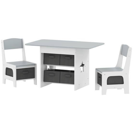 Ensemble table et chaises enfant 3-8 ans 6 tiroirs bords arrondis bois tissu, gris et blanc - Image 2