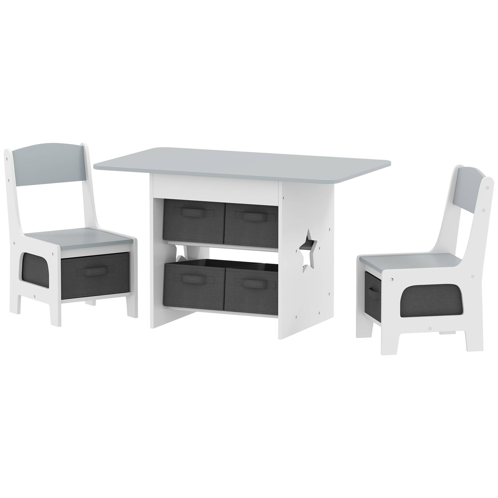 Ensemble table et chaises enfant 3-8 ans 6 tiroirs bords arrondis bois tissu, gris et blanc - Image 2
