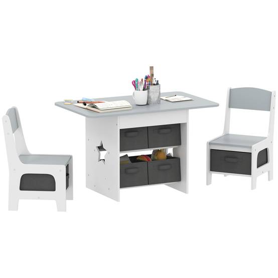 Ensemble table et chaises enfant 3-8 ans 6 tiroirs bords arrondis bois tissu, gris et blanc - Image 1