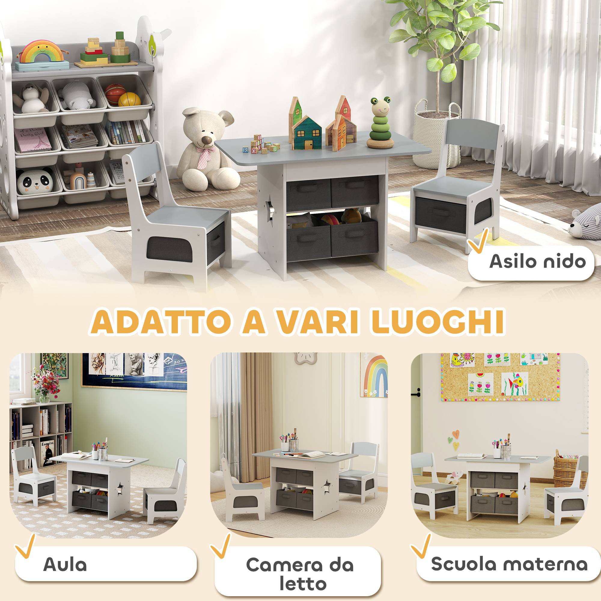 Ensemble table et chaises enfant 3-8 ans 6 tiroirs bords arrondis bois tissu, gris et blanc - Image 9