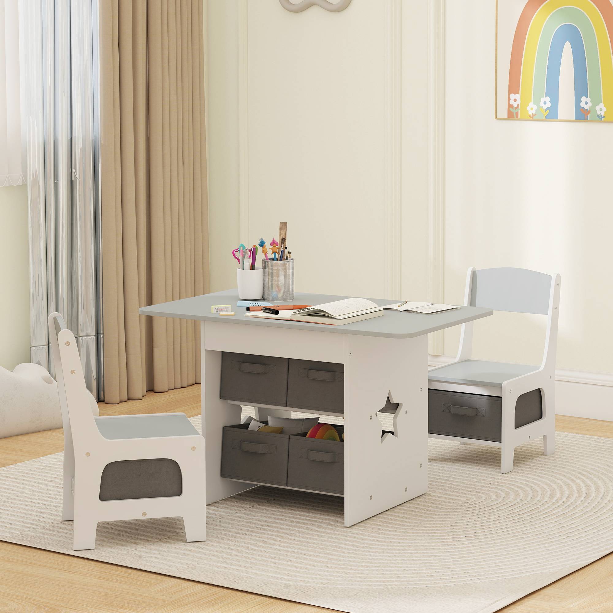 Ensemble table et chaises enfant 3-8 ans 6 tiroirs bords arrondis bois tissu, gris et blanc - Image 4