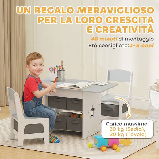 Ensemble table et chaises enfant 3-8 ans 6 tiroirs bords arrondis bois tissu, gris et blanc - Image 10