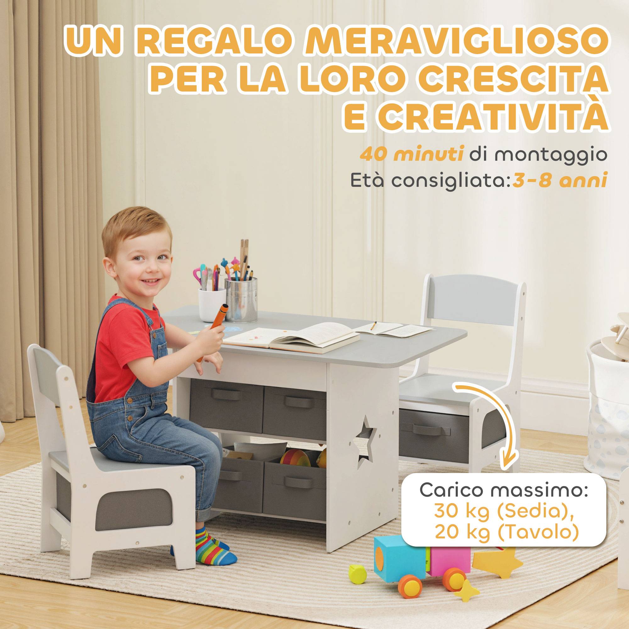 Ensemble table et chaises enfant 3-8 ans 6 tiroirs bords arrondis bois tissu, gris et blanc - Image 10