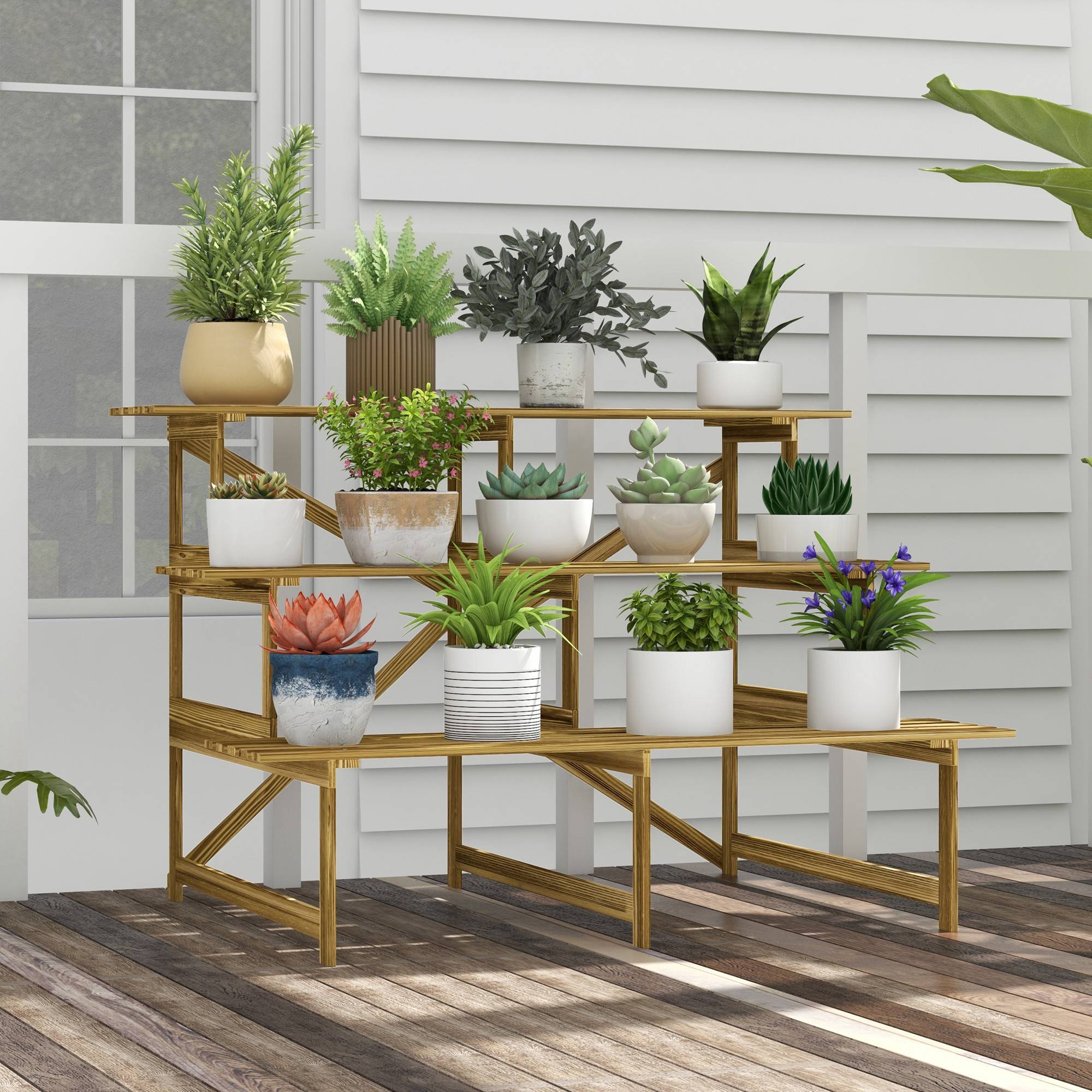 Étagère à plantes escalier 3 niveaux bois de sapin massif terrasse 120x80x78cm - ComfortXL Outdoor Living - Image 4