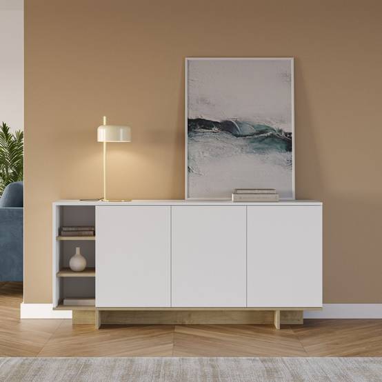 Buffet 3 portes 3 niches 170cm en mélaminé blanc et imitation bois - ESQUISSE - Image 2