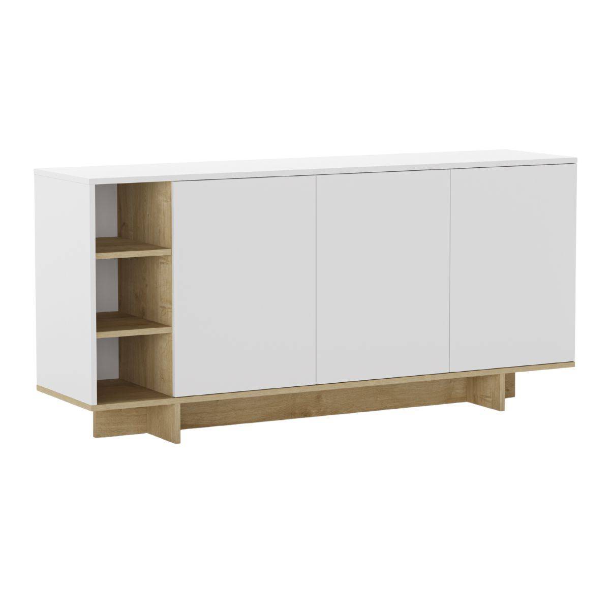 Buffet 3 portes 3 niches 170cm en mélaminé blanc et imitation bois - ESQUISSE - Image 1