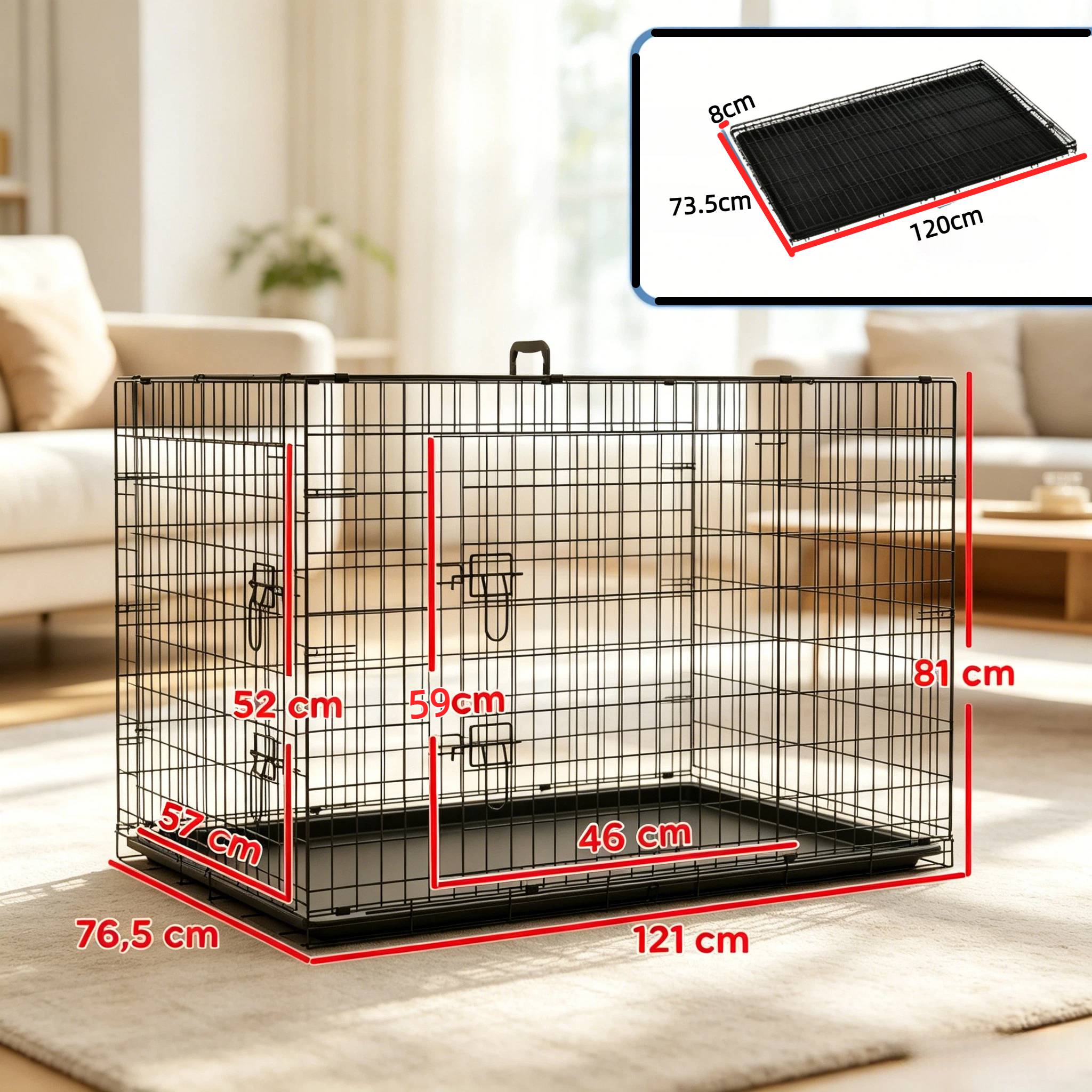 Cage pour chien en acier robuste pliable avec plateau amovible 121cm noir - ComfortXL Outdoor Living - Image 7