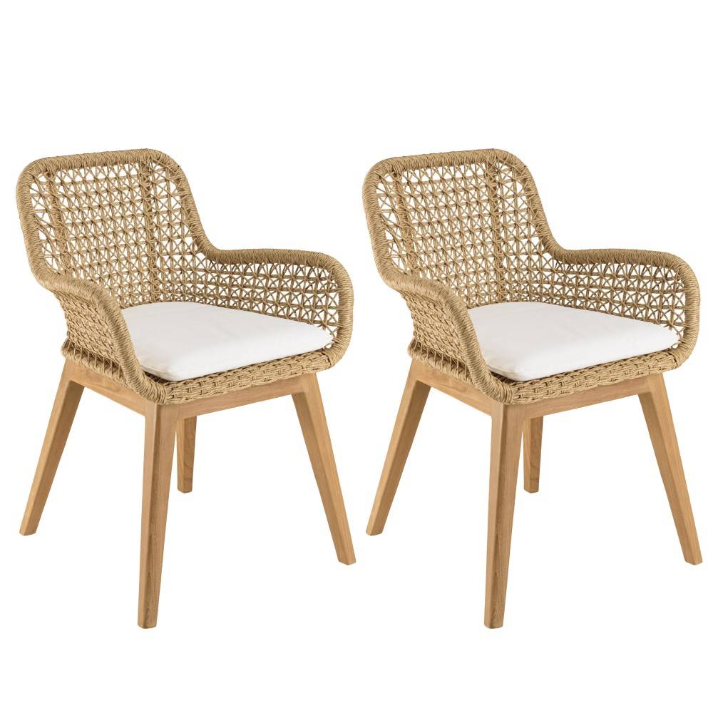 Macabane - VALERIA - Lot de 2 fauteuils jardin en bois teck rotin / coussin blanc - Imagen 1