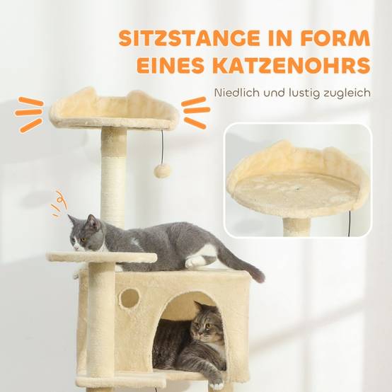 Arbre à chat 160 cm avec hamac, échelle, grotte, 2 balles en peluche, poteaux en sisal, 48 x 48 x 160 cm, beige - Image 5