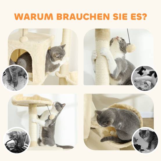 Arbre à chat 160 cm avec hamac, échelle, grotte, 2 balles en peluche, poteaux en sisal, 48 x 48 x 160 cm, beige - Image 8