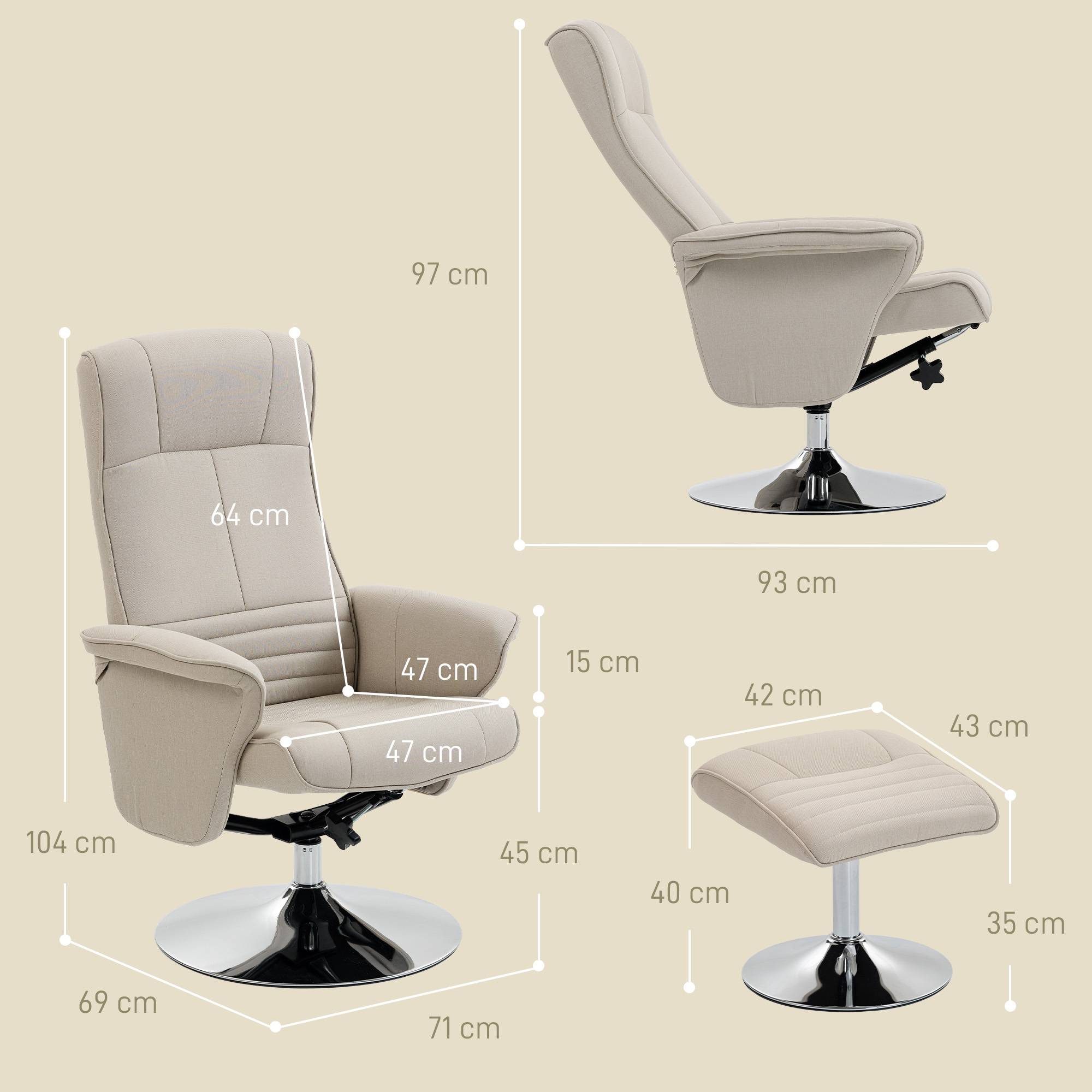 Sans Marque - Fauteuil relax inclinable 135° pivotant 360° avec repose-pieds revêtement tissu beige - Image 5