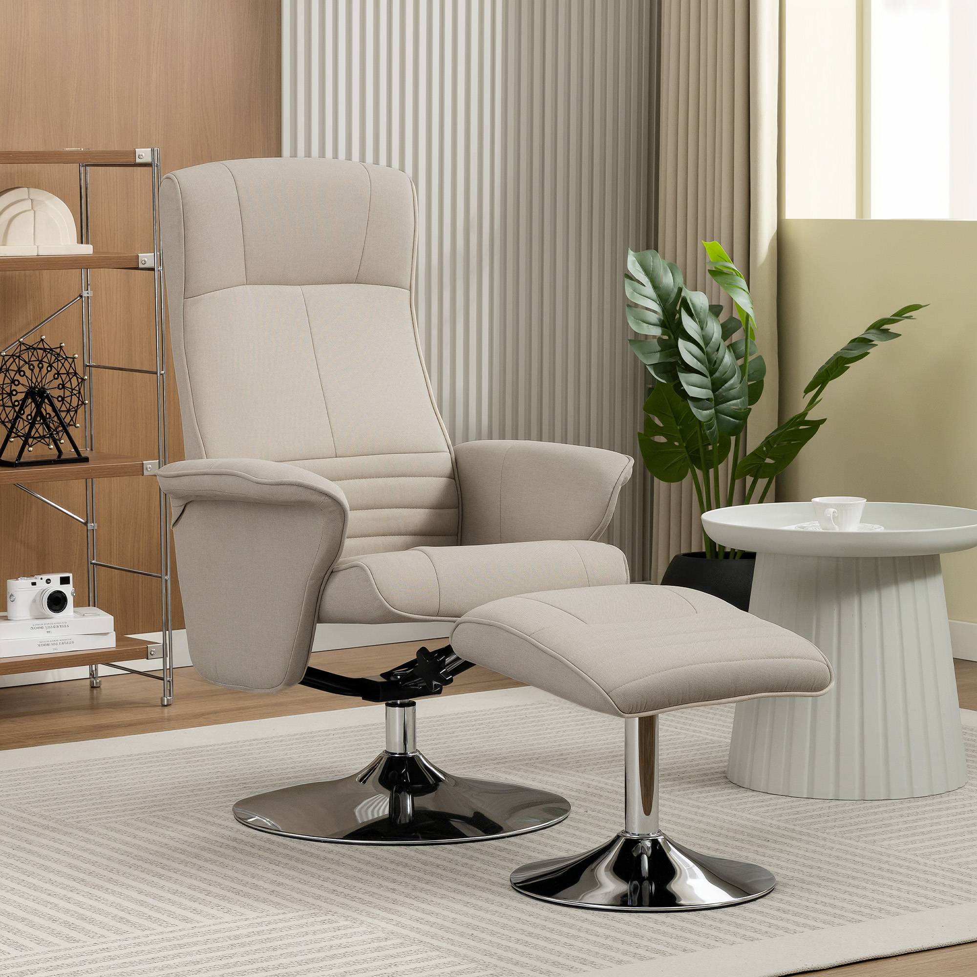 Sans Marque - Fauteuil relax inclinable 135° pivotant 360° avec repose-pieds revêtement tissu beige - Image 3