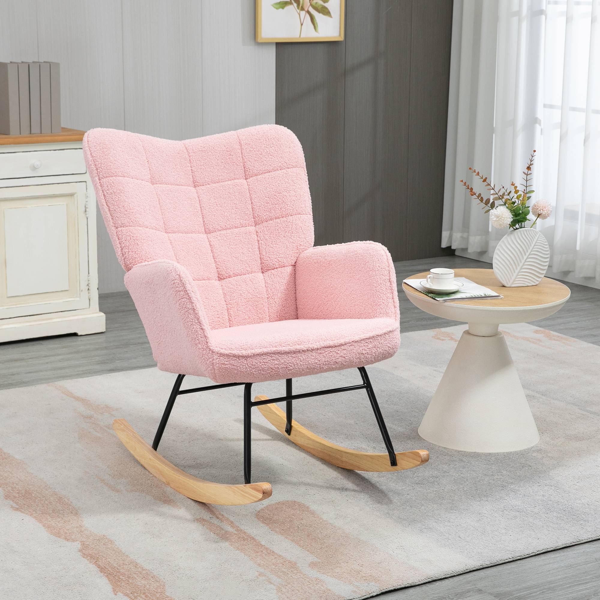 Sans Marque - Fauteuil à bascule rocking chair revêtement bouclette structure en acier 71 x 98 x 101 cm rose - Image 3