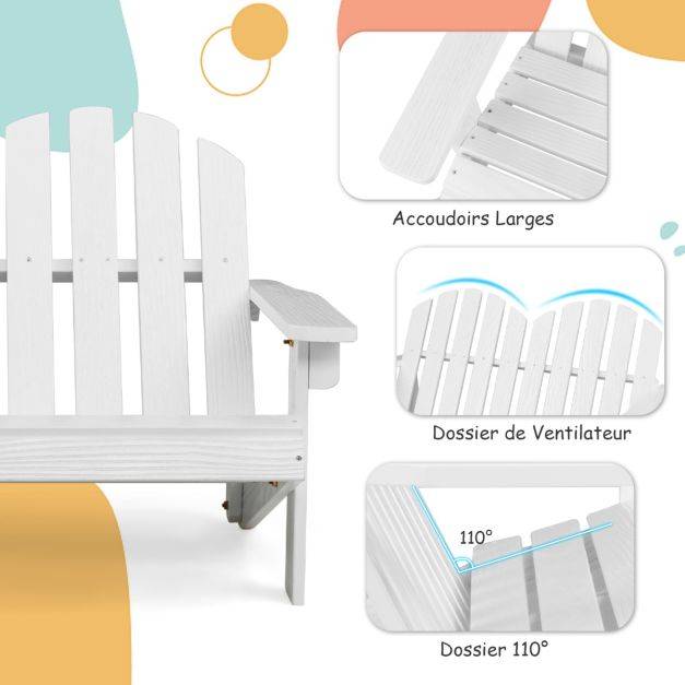 Helloshop26 - Chaise/fauteuil de jardin adirondack 2 places pour enfants en bois de sapin avec dossier 110 degrés accoudoirs charge 100 kg blanc - Imagen 3