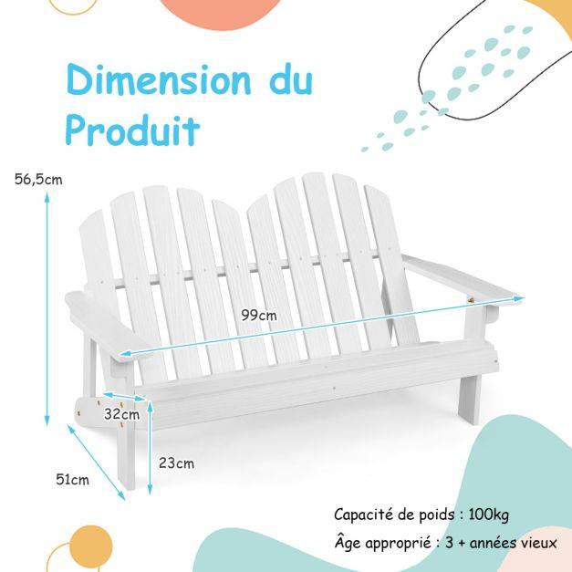 Helloshop26 - Chaise/fauteuil de jardin adirondack 2 places pour enfants en bois de sapin avec dossier 110 degrés accoudoirs charge 100 kg blanc - Imagen 4