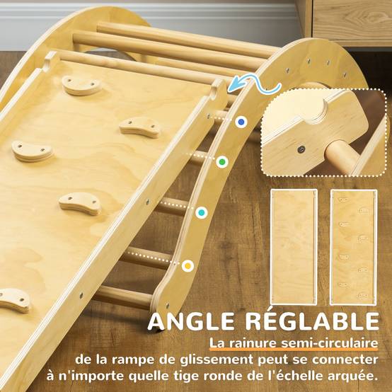 4 en 1 Arche escalade enfants, chaise à bascule, rampe d'escalade double face et coussin, 168x49,5x39,5cm, bois naturel - Image 8