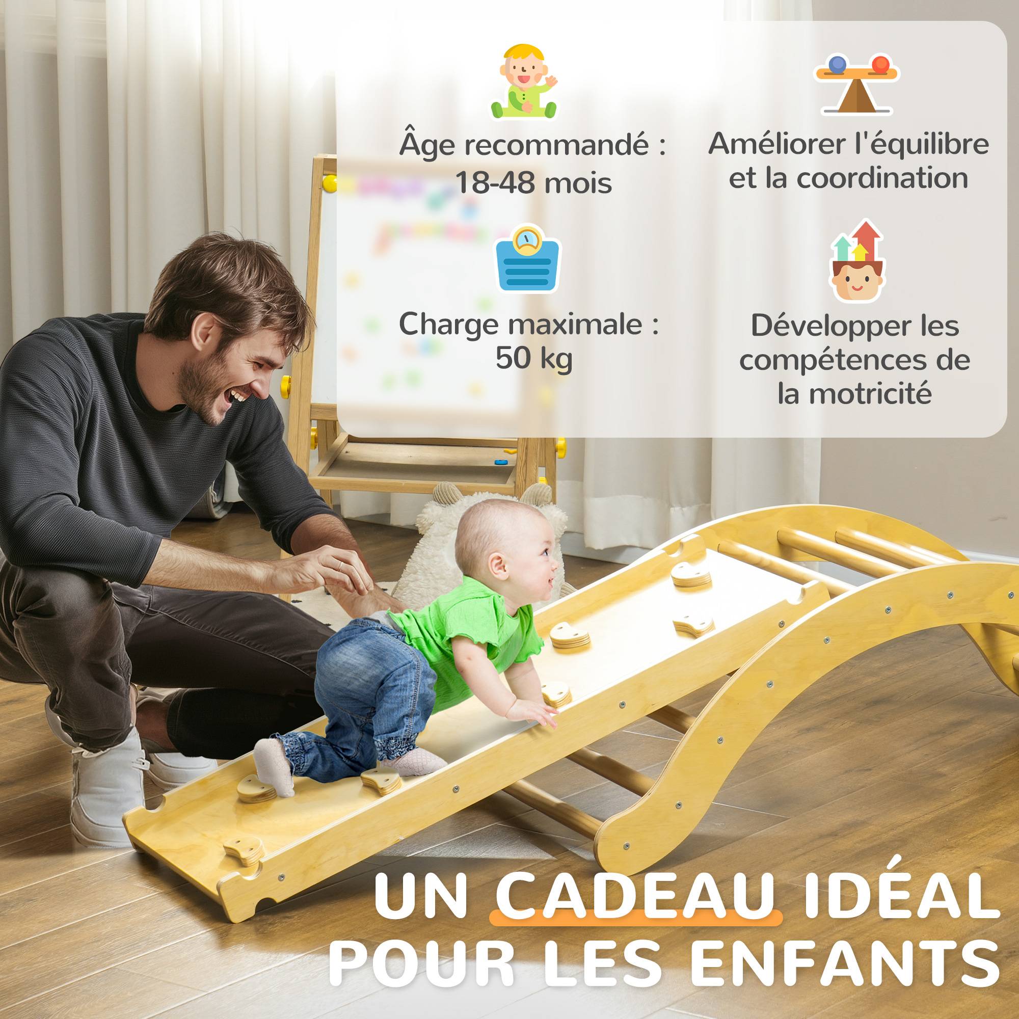 4 en 1 Arche escalade enfants, chaise à bascule, rampe d'escalade double face et coussin, 168x49,5x39,5cm, bois naturel - Image 9