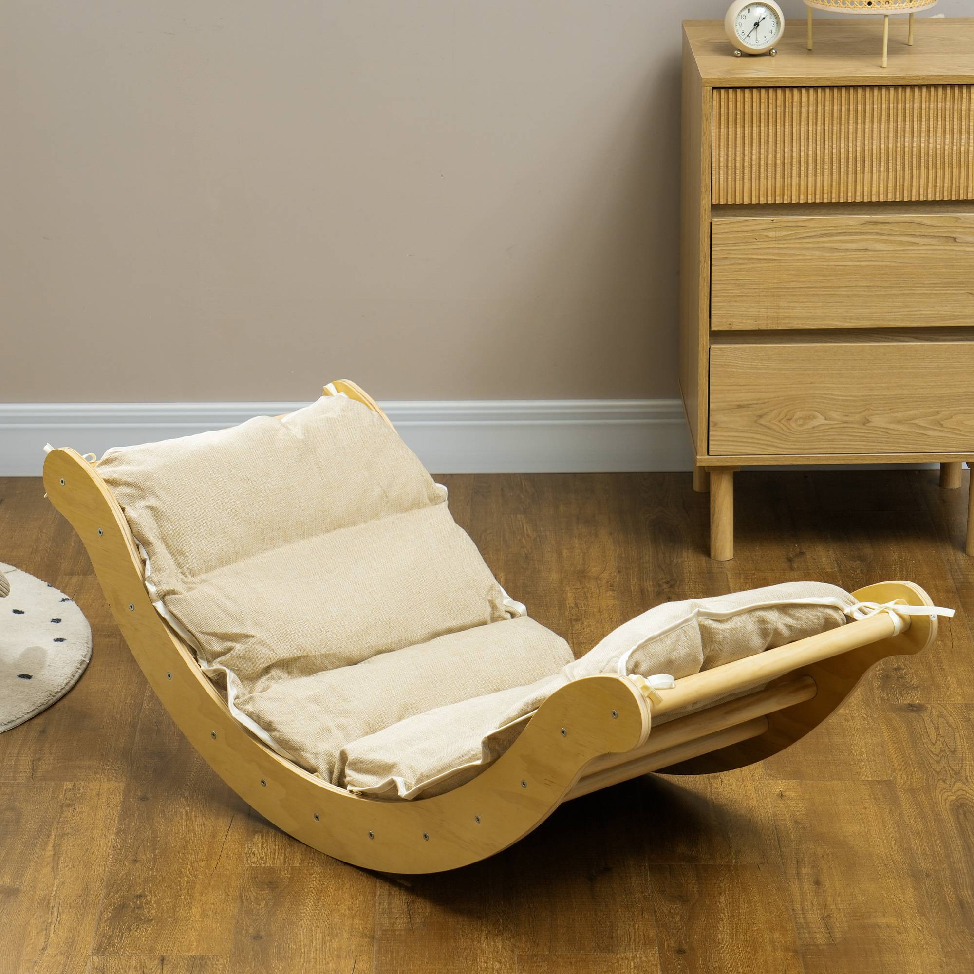 4 en 1 Arche escalade enfants, chaise à bascule, rampe d'escalade double face et coussin, 168x49,5x39,5cm, bois naturel - Image 10
