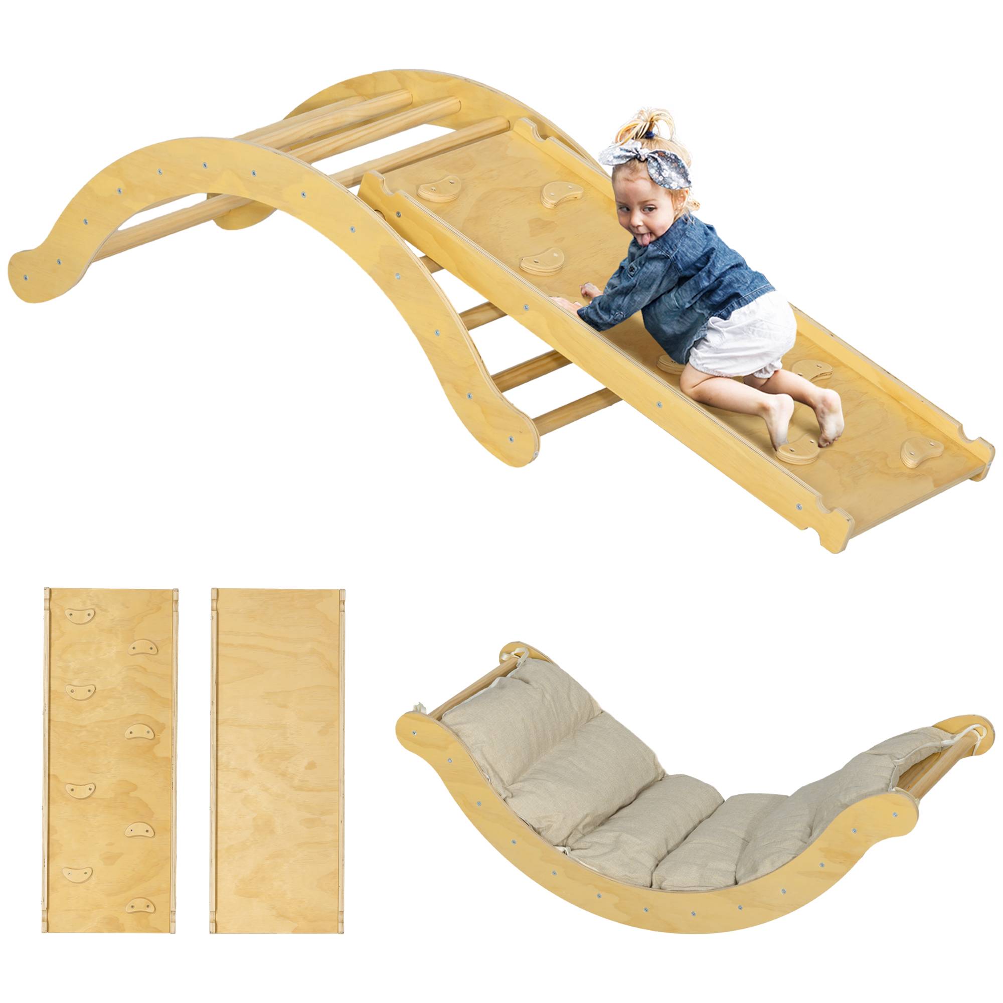 4 en 1 Arche escalade enfants, chaise à bascule, rampe d'escalade double face et coussin, 168x49,5x39,5cm, bois naturel - Image 1