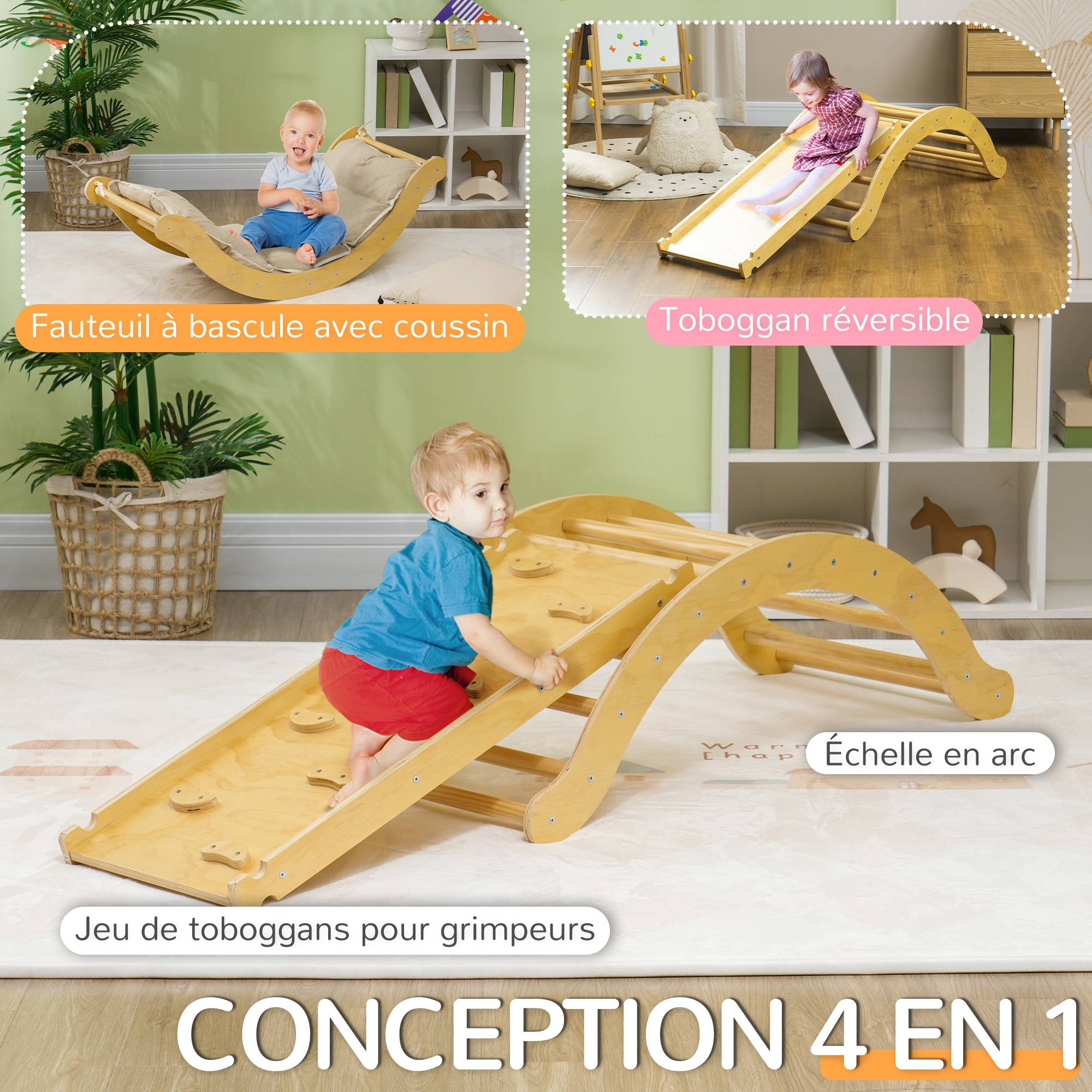 4 en 1 Arche escalade enfants, chaise à bascule, rampe d'escalade double face et coussin, 168x49,5x39,5cm, bois naturel - Image 6