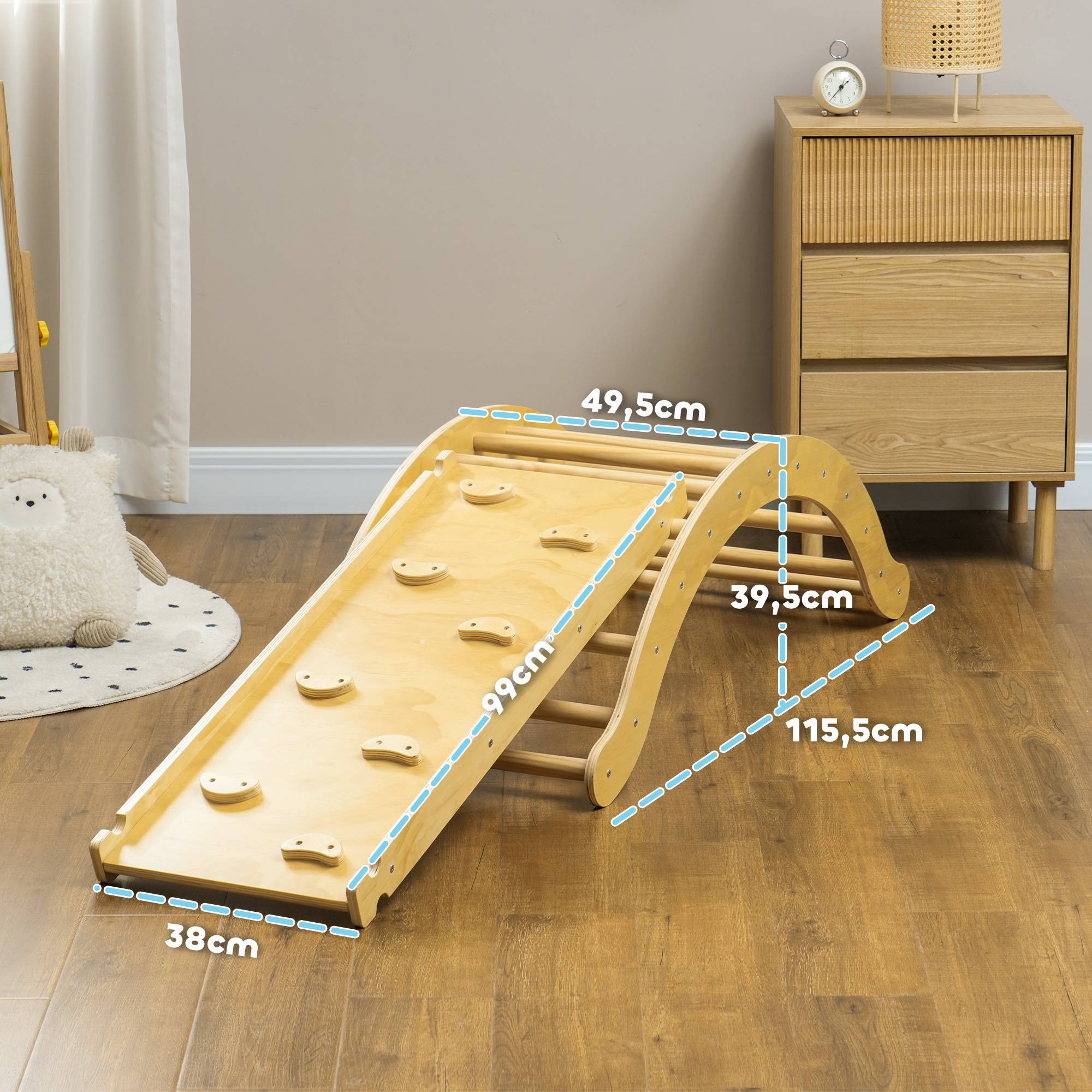 4 en 1 Arche escalade enfants, chaise à bascule, rampe d'escalade double face et coussin, 168x49,5x39,5cm, bois naturel - Image 5