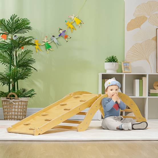 4 en 1 Arche escalade enfants, chaise à bascule, rampe d'escalade double face et coussin, 168x49,5x39,5cm, bois naturel - Image 3