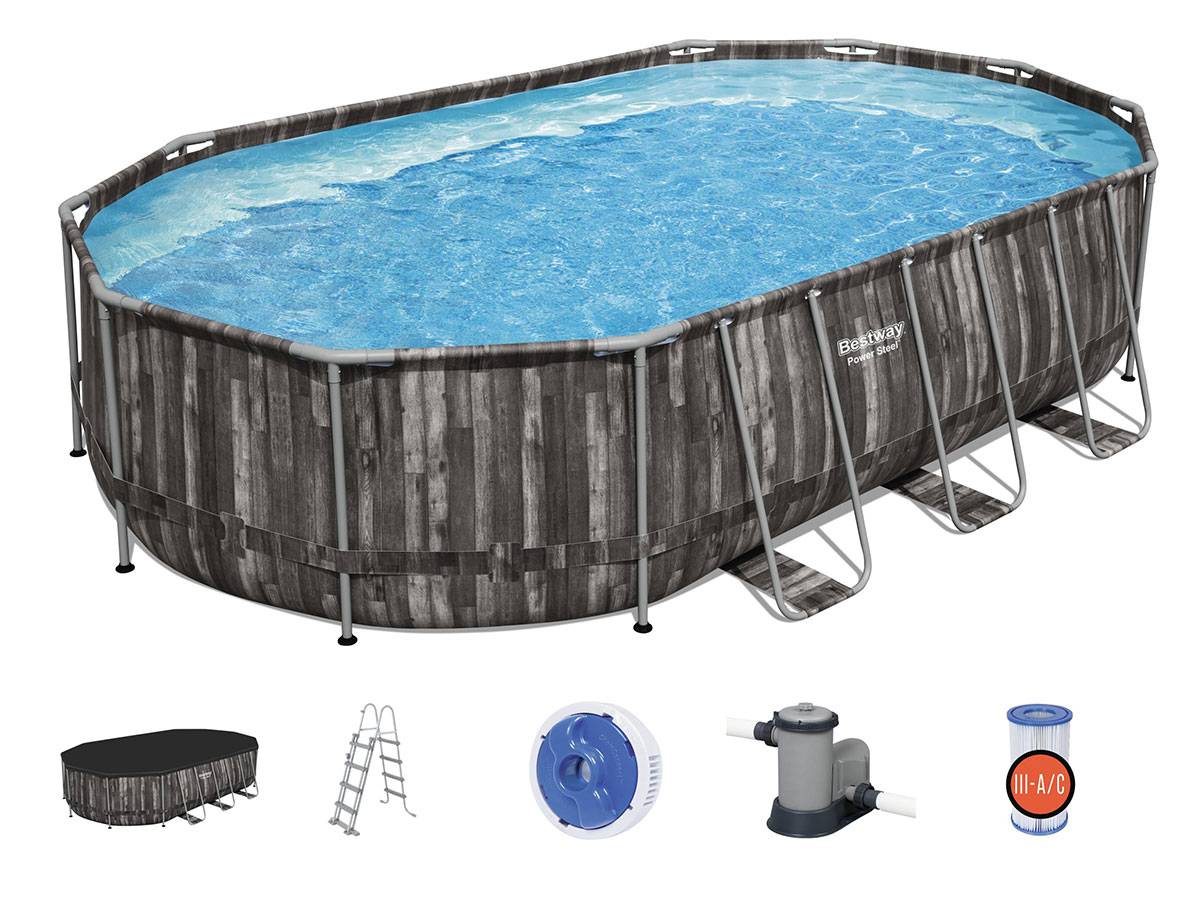 Bestway - Piscine tubulaire Power Steel décor bois ovale 6,10 x 3,66 x 1,22 m - Bestway - Imagen 1