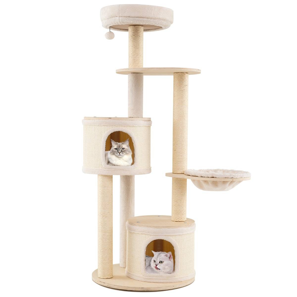 Arbre à Chat de 152cm Tour en Bois pour Chatons avec Griffoirs en Sisal & Tapis 2 Condos Perchoir - Image 1
