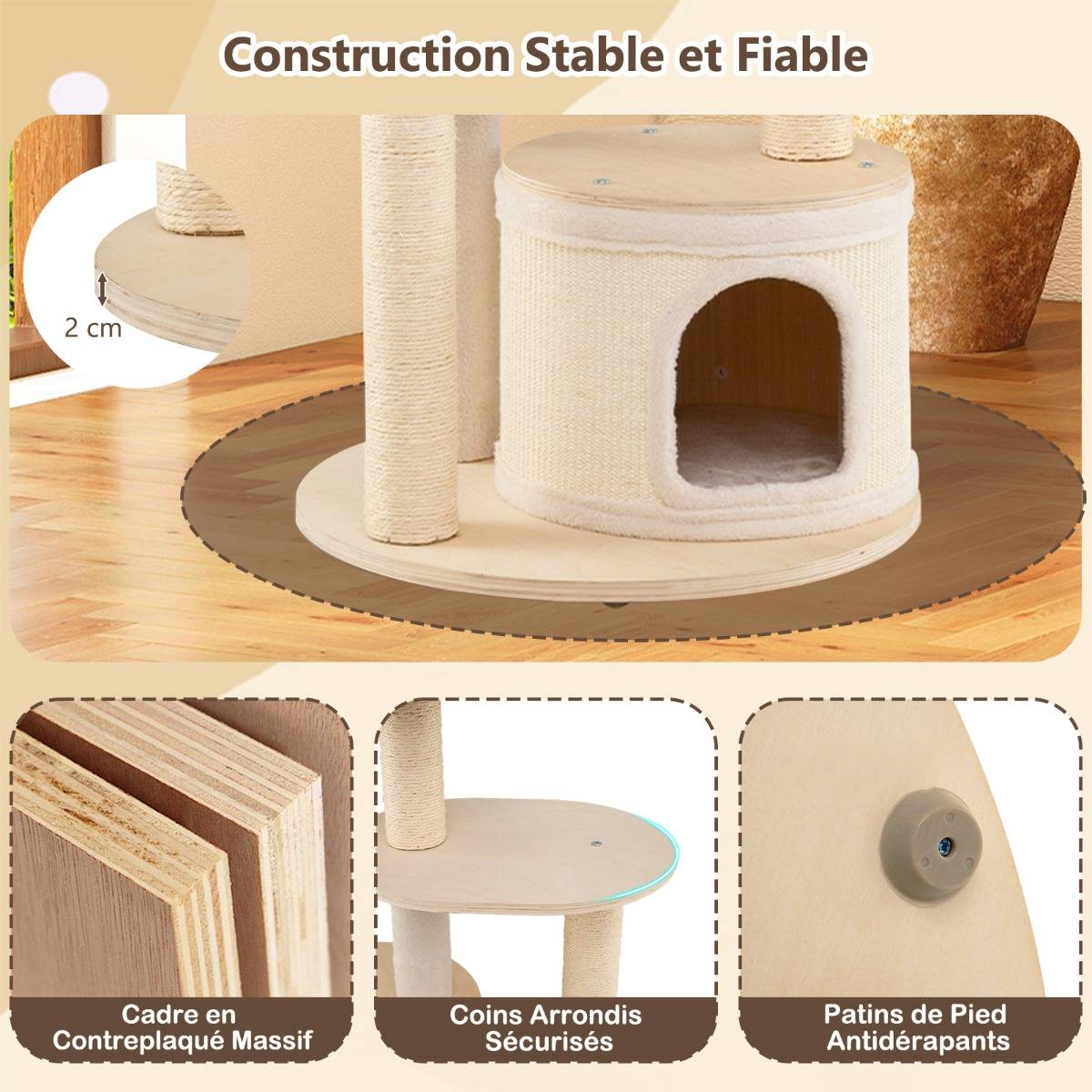 Arbre à Chat de 152cm Tour en Bois pour Chatons avec Griffoirs en Sisal & Tapis 2 Condos Perchoir - Image 7