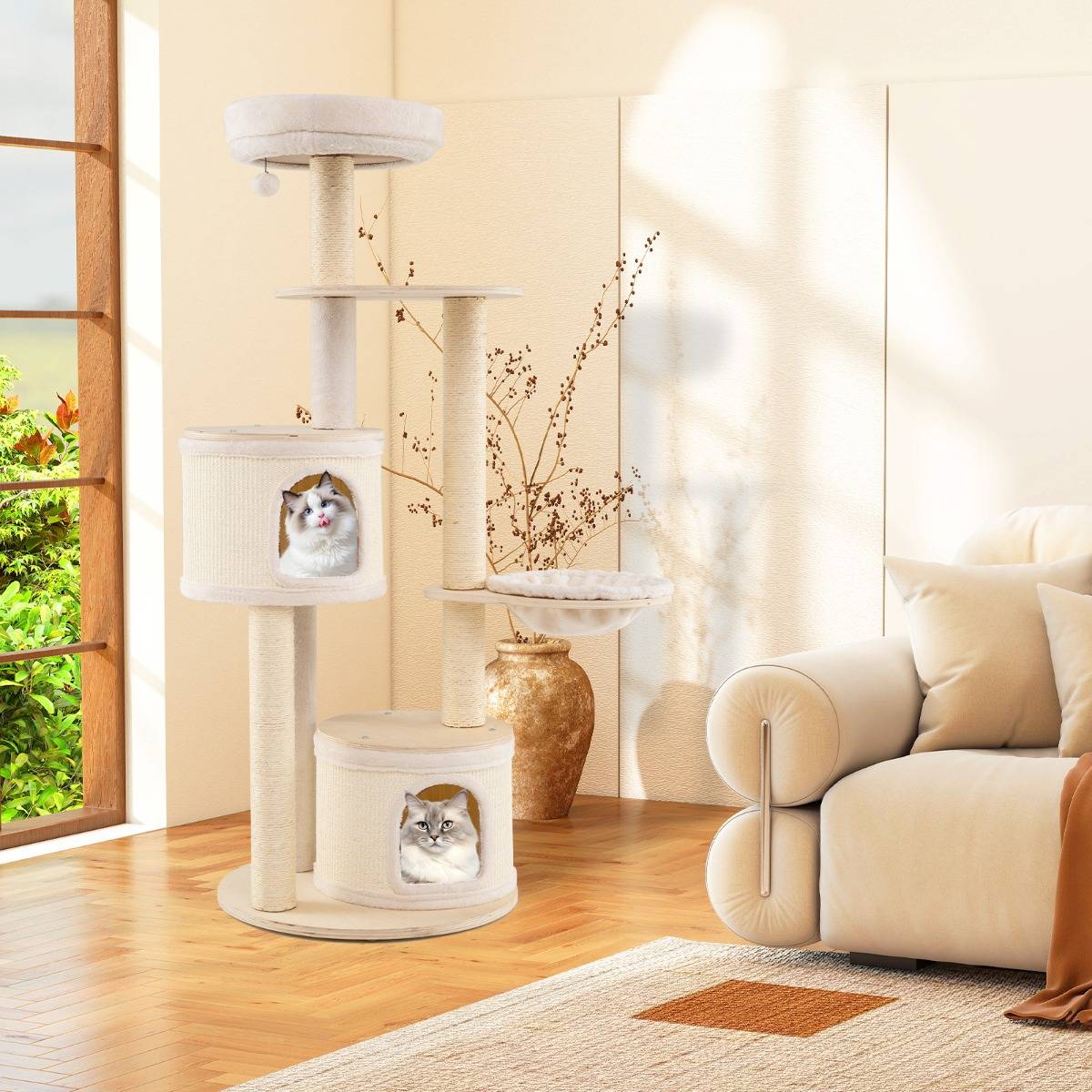Arbre à Chat de 152cm Tour en Bois pour Chatons avec Griffoirs en Sisal & Tapis 2 Condos Perchoir - Image 3