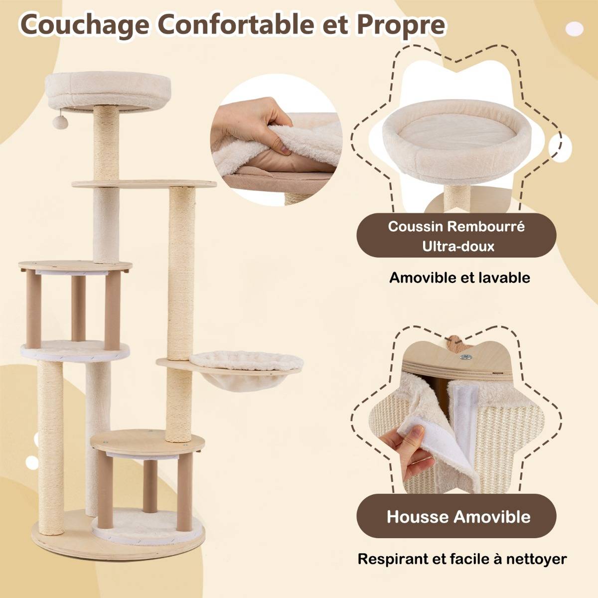 Arbre à Chat de 152cm Tour en Bois pour Chatons avec Griffoirs en Sisal & Tapis 2 Condos Perchoir - Image 6