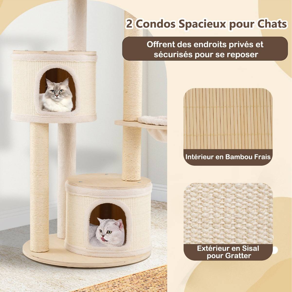 Arbre à Chat de 152cm Tour en Bois pour Chatons avec Griffoirs en Sisal & Tapis 2 Condos Perchoir - Image 8