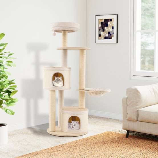 Arbre à Chat de 152cm Tour en Bois pour Chatons avec Griffoirs en Sisal & Tapis 2 Condos Perchoir - Image 2