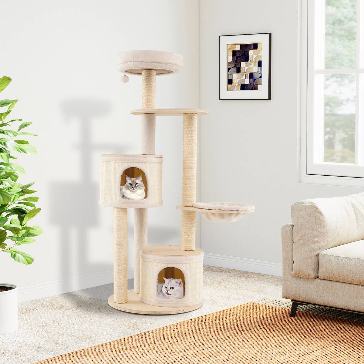 Arbre à Chat de 152cm Tour en Bois pour Chatons avec Griffoirs en Sisal & Tapis 2 Condos Perchoir - Image 2
