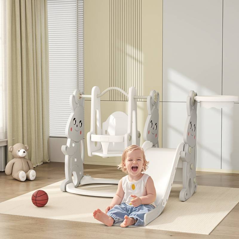 Toboggan 4 en 1 avec Balançoire Panier Basket Aire de Jeux pour Enfants Design Lapin Gris – ComfortXL Outdoor Living - Image 1