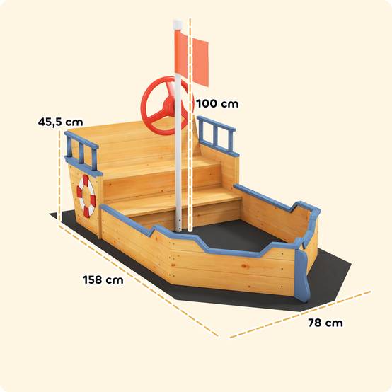 Bac à sable en bois naturel décor galion marches rangement drapeau et roue dès 3 ans 158 × 78 × 45,5 cm - Image 5