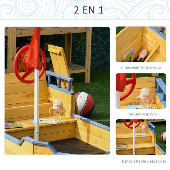 Bac à sable en bois naturel décor galion marches rangement drapeau et roue dès 3 ans 158 × 78 × 45,5 cm - Image 7