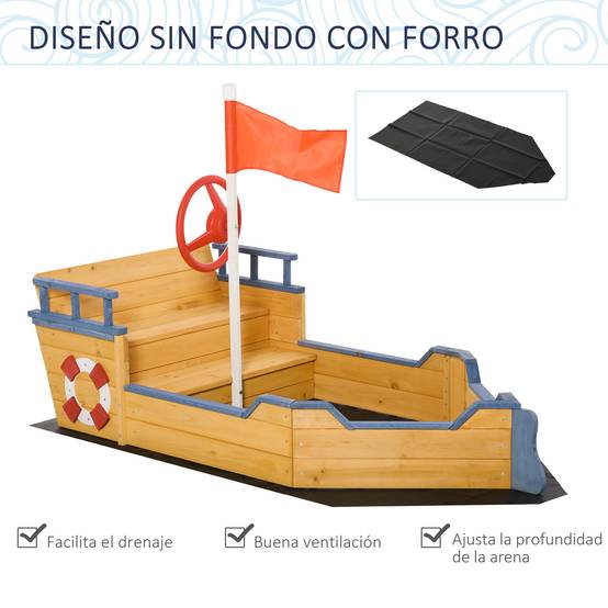 Bac à sable en bois naturel décor galion marches rangement drapeau et roue dès 3 ans 158 × 78 × 45,5 cm - Image 6