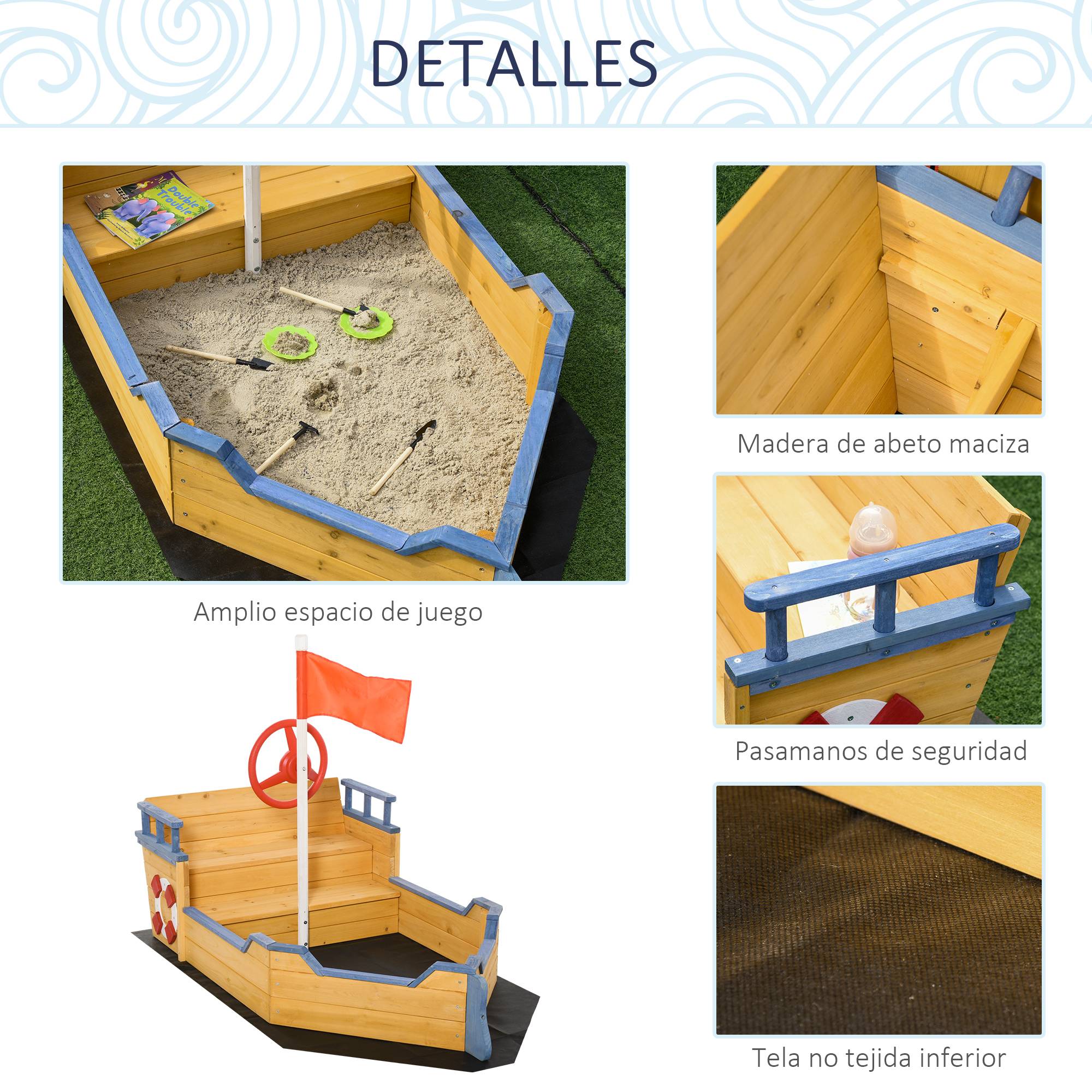 Bac à sable en bois naturel décor galion marches rangement drapeau et roue dès 3 ans 158 × 78 × 45,5 cm - Image 9
