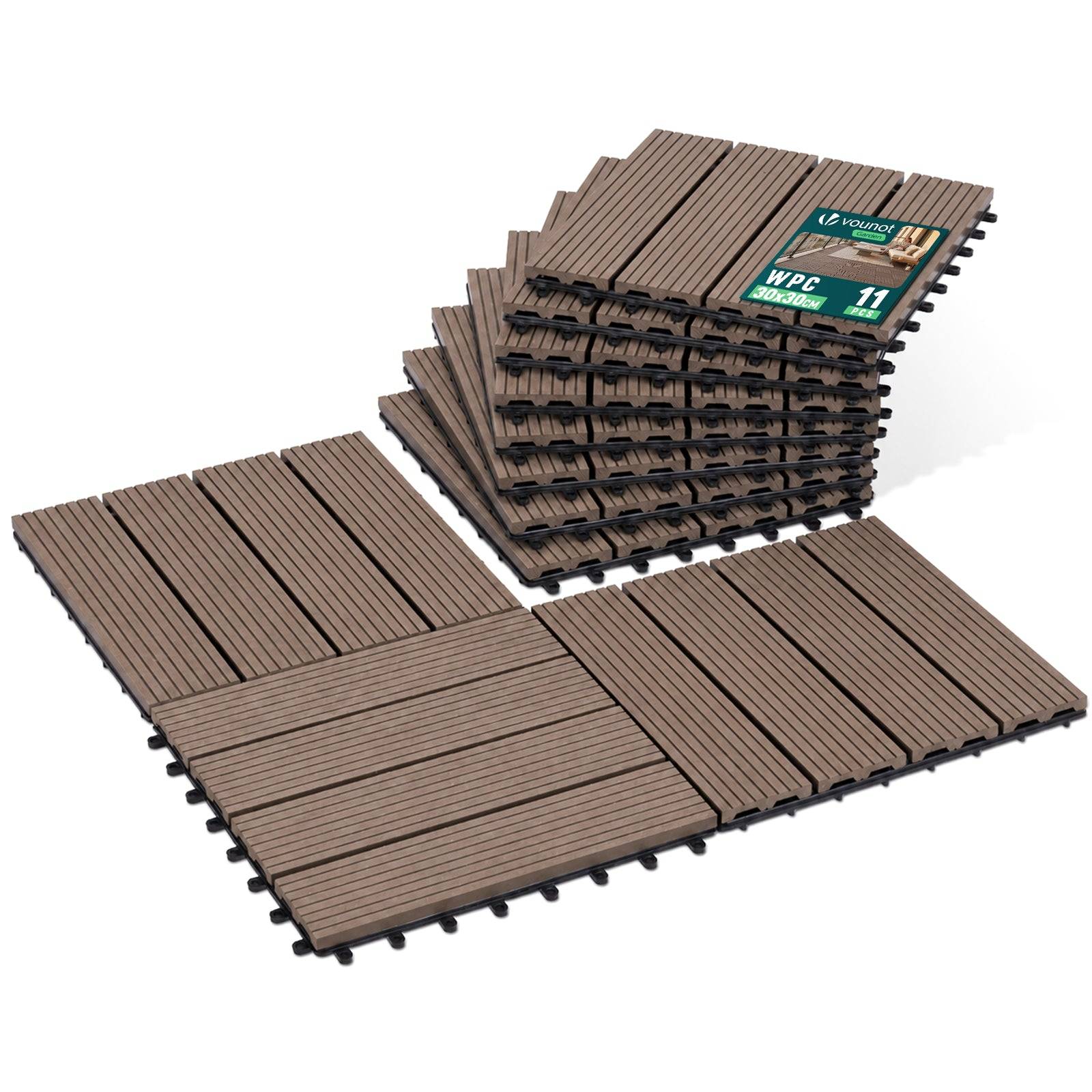 Vounot - Lot de 11 Dalles clipsables extérieur 30x30 cm - WPC - Caillebotis de terrasse antidérapant et drainant - Marron - VOUNOT® - Image 1