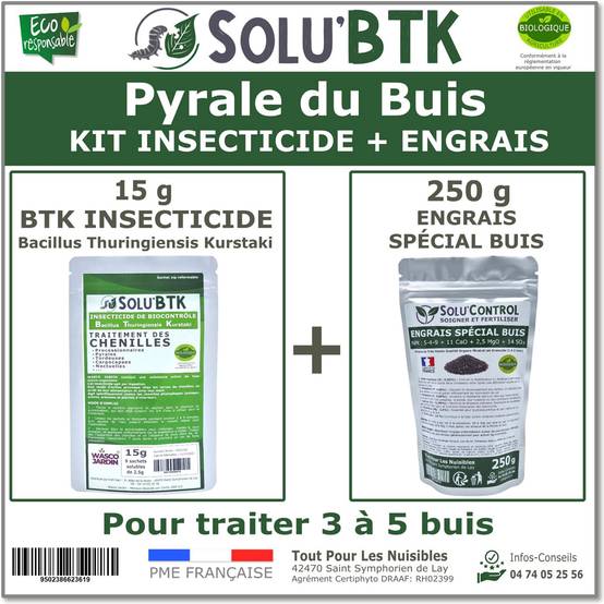 SoluBTK - Kit de Traitement Pyrale du Buis : Produit Biocontrôle BTK 15 g + Engrais Spécial Buis 250 g Chenilles et Régénération des Feuilles - Image 1