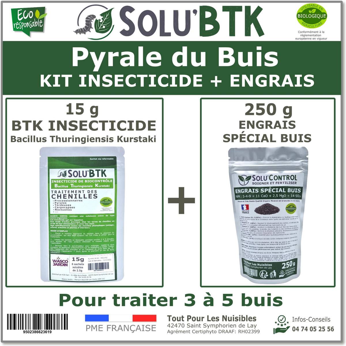 SoluBTK - Kit de Traitement Pyrale du Buis : Produit Biocontrôle BTK 15 g + Engrais Spécial Buis 250 g  Chenilles et Régénération des Feuilles - Image 1