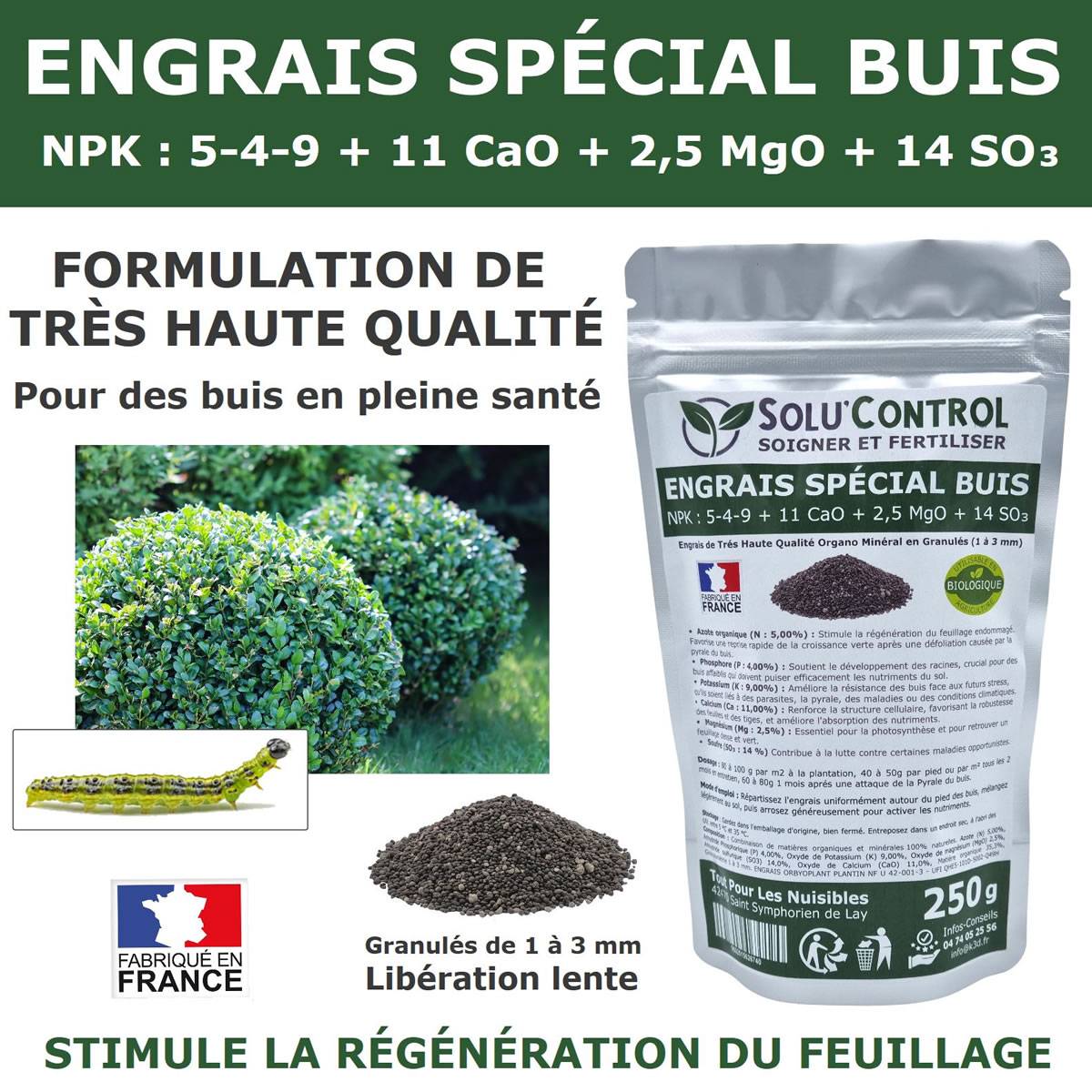 SoluBTK - Kit de Traitement Pyrale du Buis : Produit Biocontrôle BTK 15 g + Engrais Spécial Buis 250 g  Chenilles et Régénération des Feuilles - Image 3
