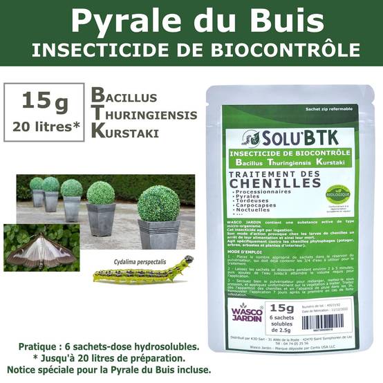 SoluBTK - Kit de Traitement Pyrale du Buis : Produit Biocontrôle BTK 15 g + Engrais Spécial Buis 250 g Chenilles et Régénération des Feuilles - Image 2