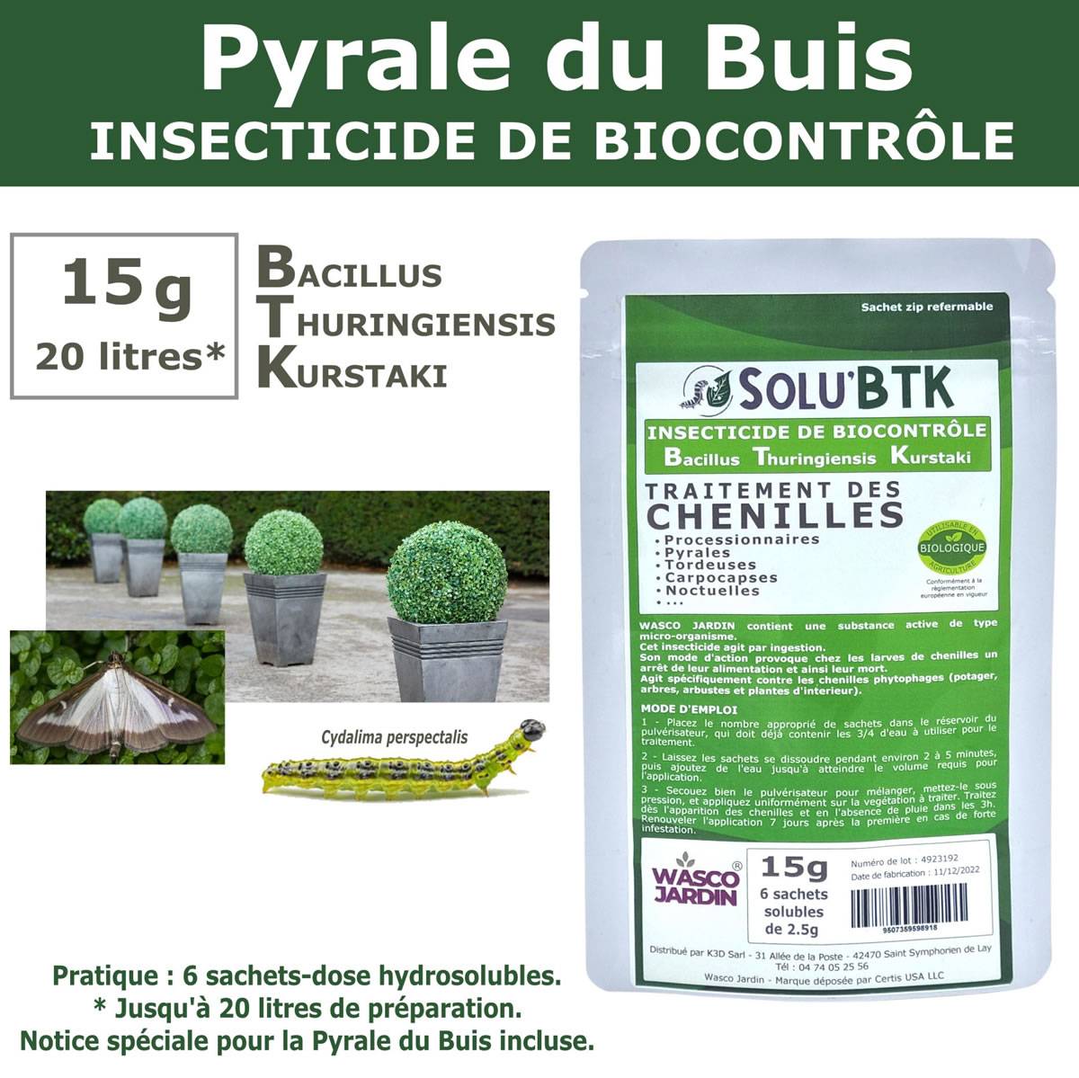 SoluBTK - Kit de Traitement Pyrale du Buis : Produit Biocontrôle BTK 15 g + Engrais Spécial Buis 250 g  Chenilles et Régénération des Feuilles - Image 2