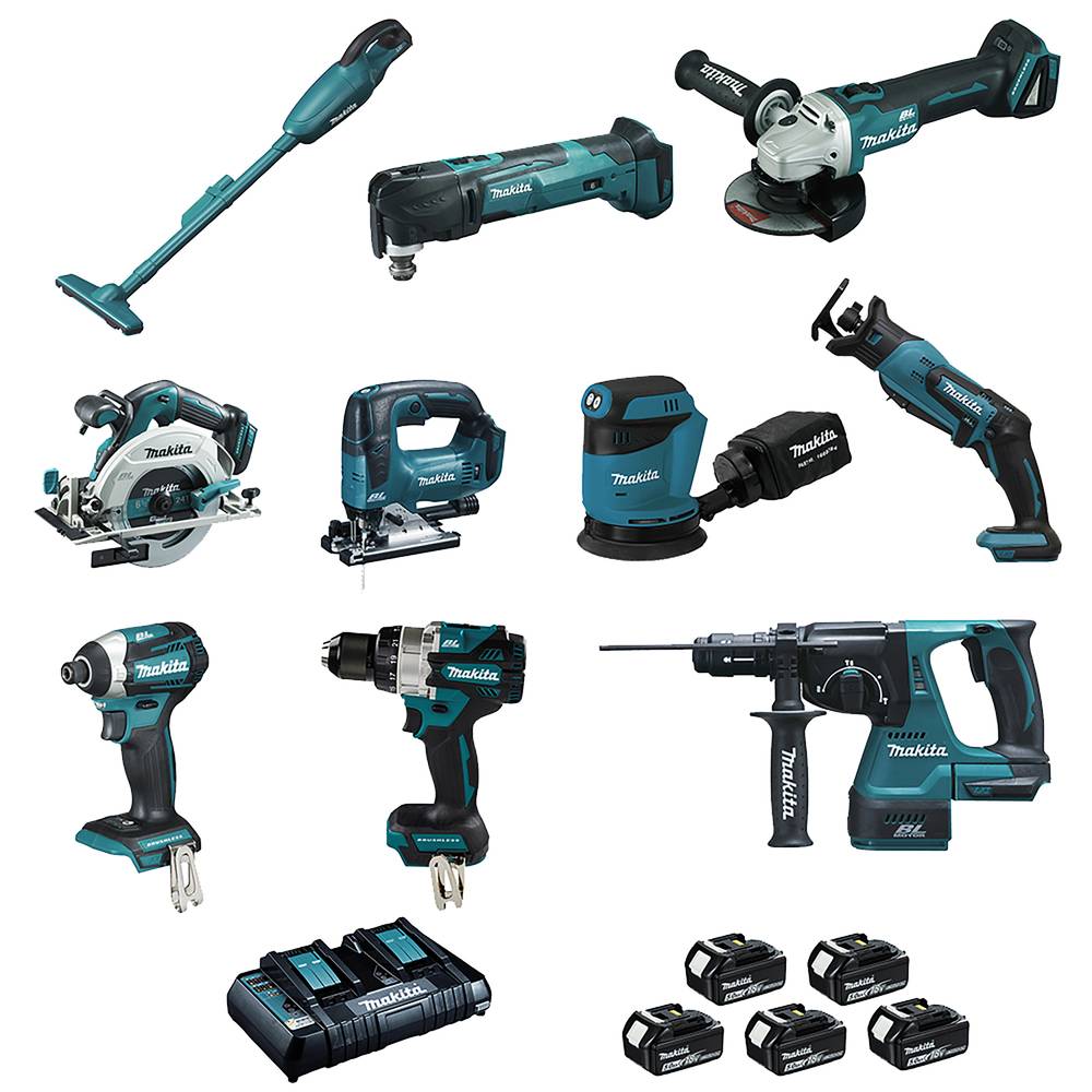 Ensemble de 10 machines 18V (DCL180 + DHP486 + DTD154 + DGA506 + DHS680 + DHR243 + DTM51 + DJR183 + DJV182 + DBO180) - MAKITA - avec 5 batteries 18v 5 - Image 1